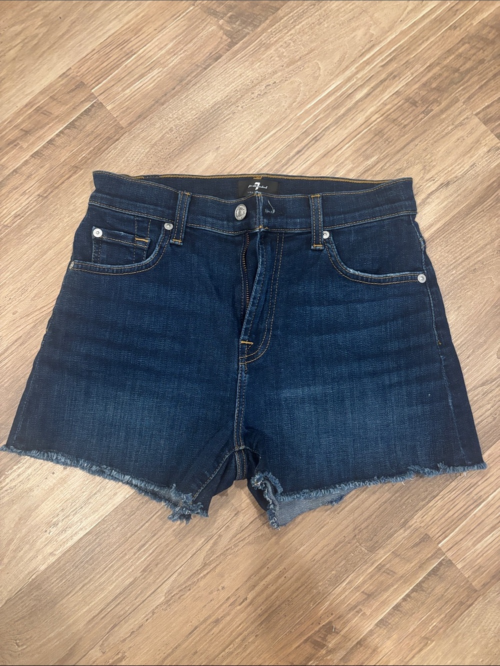 7 For All Mankind Dark Indigo Frayed Hem Denim Shorts